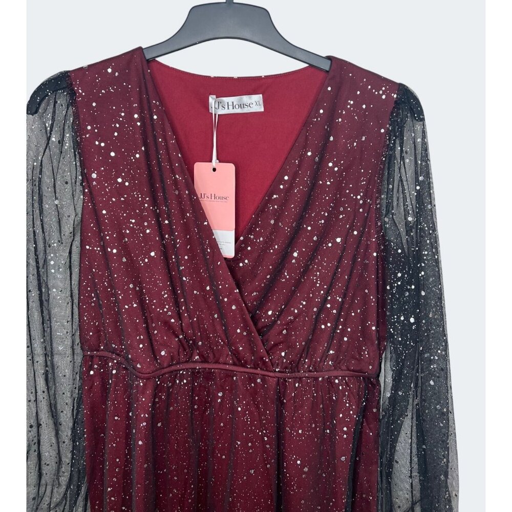 JJs House Burgundy A-Line Dress XL Womens Sparkly Party Gown With Sheer Sleeves - Picture 6 of 16